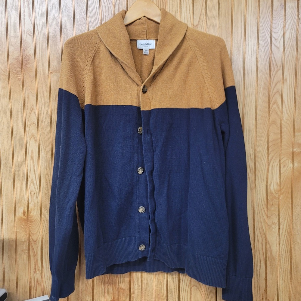 Goodfellow & Co Mens XL Grandpacore Cardigan Mustard Navy Colorblock Preppy